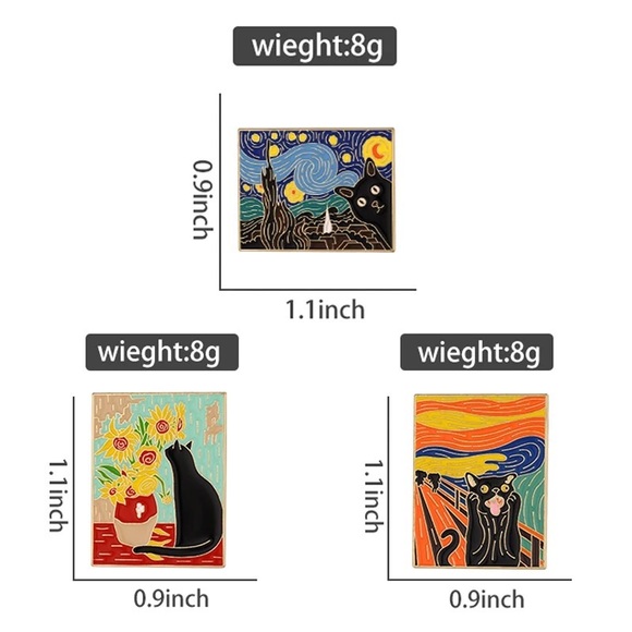 Set of 3 Artsy Black Cat Enamel Gold Metal Pins Van Gogh Artist Parody Cats Gift - Picture 8 of 12